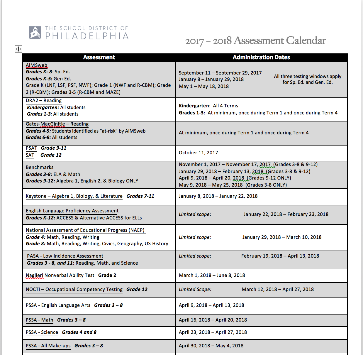 SDP Assessment Calendar Rudolph Blankenburg School